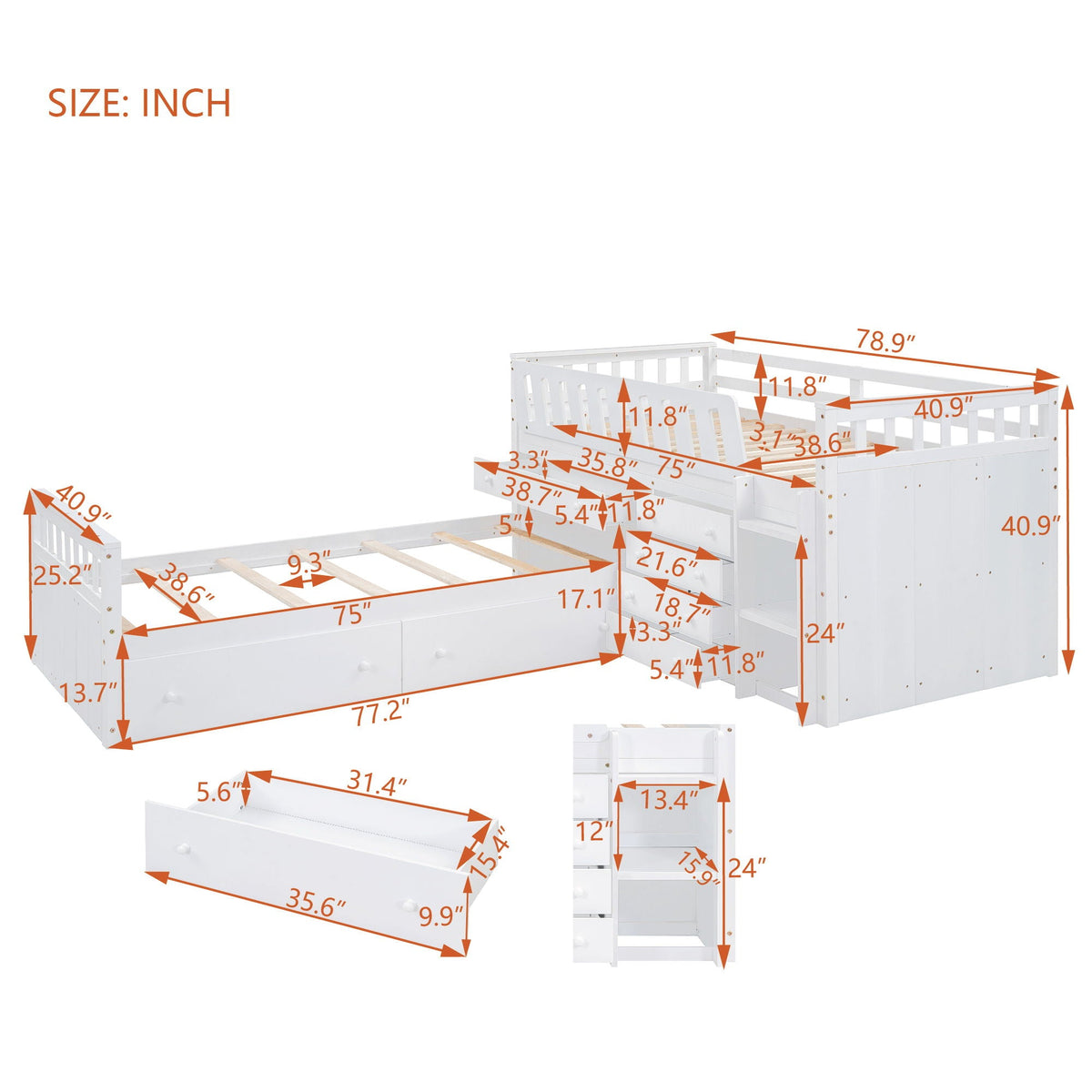 Loft Platform Bed With 7 Drawers And Full Guardrails, Modern L Shaped Space Savin