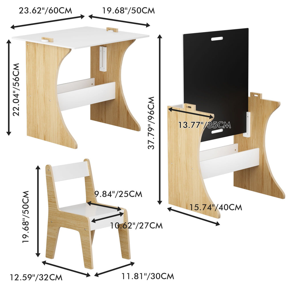 Table Set With 1 Chair, Multifunctional Study Table Convertible Top for Study, Drawing & Play - White