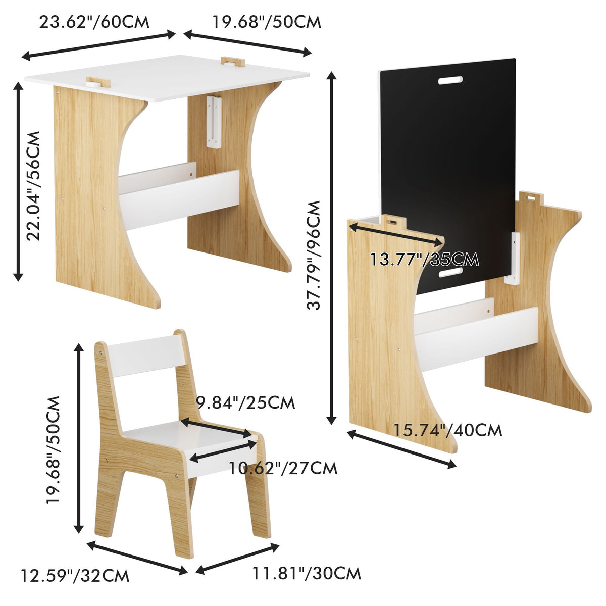 Table Set With 1 Chair, Multifunctional Study Table Convertible Top for Study, Drawing & Play - White