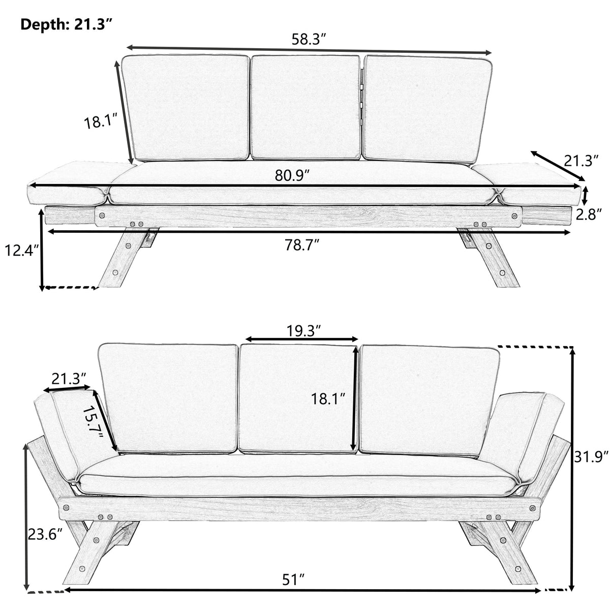 TOPMAX Outdoor Adjustable Patio Wooden Daybed Sofa Chaise Lounge