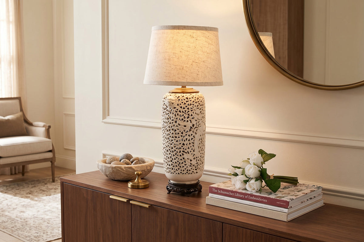 Alabaster White Lattice Bloom Porcelain Lamp