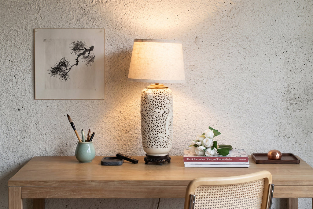 Alabaster White Lattice Bloom Porcelain Lamp
