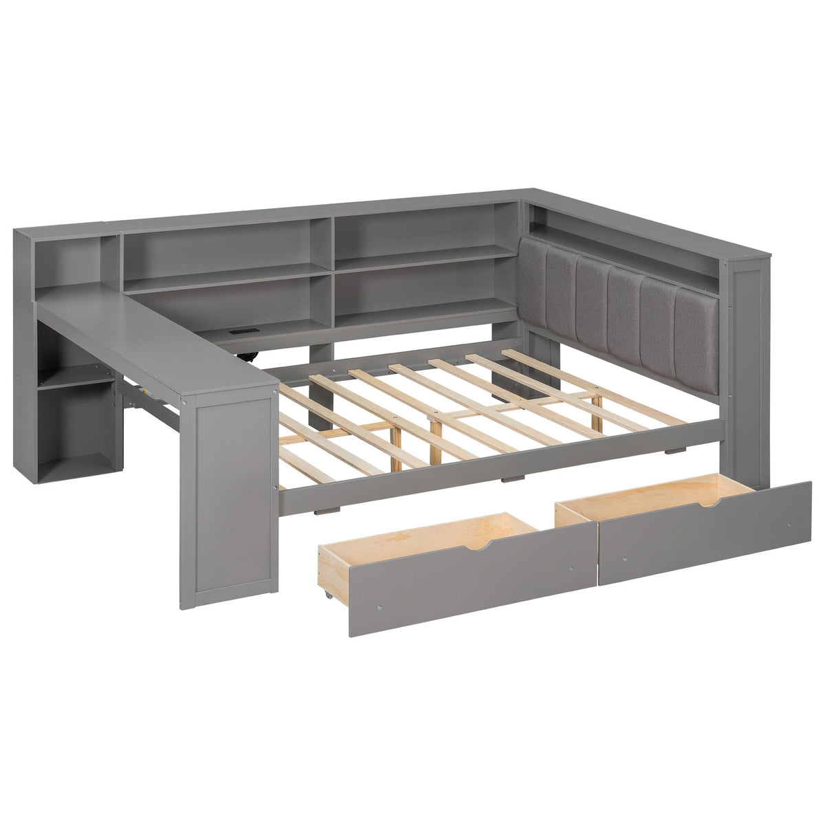 Platform Bed With Storage Shelves, Drawers, Charging Station, LED, Desk