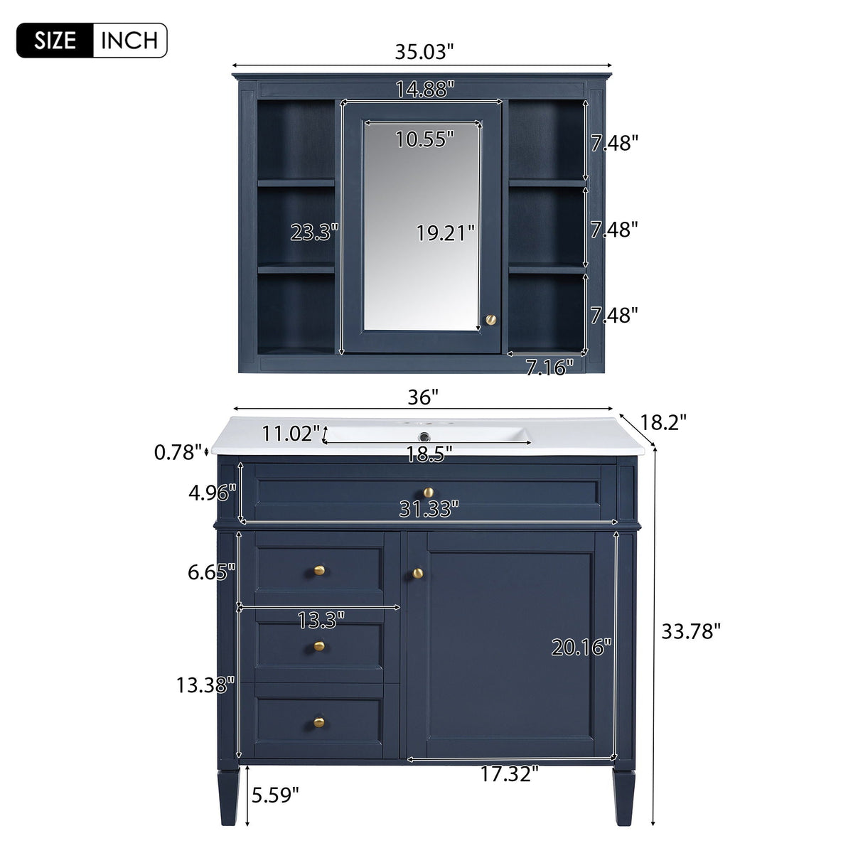 Bathroom Vanity With Mirror Cabinet, Single Sink With 2 Soft Closing Doors And 4 Drawers