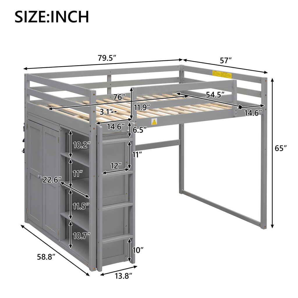 Loft Bed With Built In Wardrobe, Storage Shelves, And LED Light