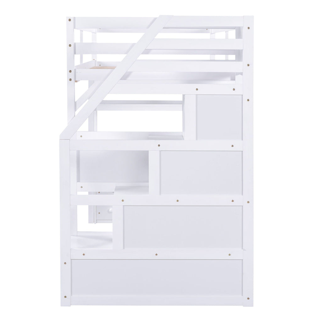 Loft Bed With Desk, Shelves, 2 Drawers, Storage Staircase