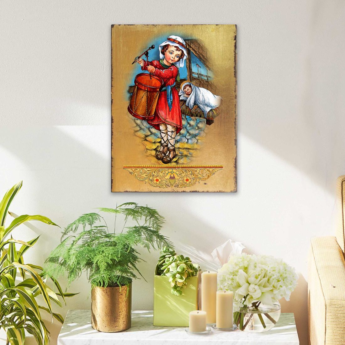 Drummer Boy Wooden Gold Plated Religious Christian Sacred Icon - Inspirational Icon Decor - 85044