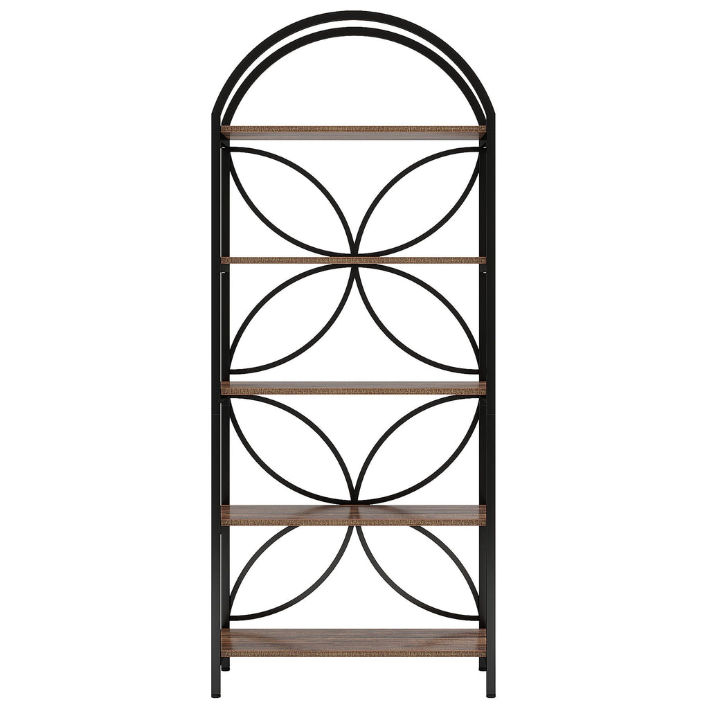Tall 5 Tier Arched Bookshelf With Shelves For Living Room - Rustic Brown