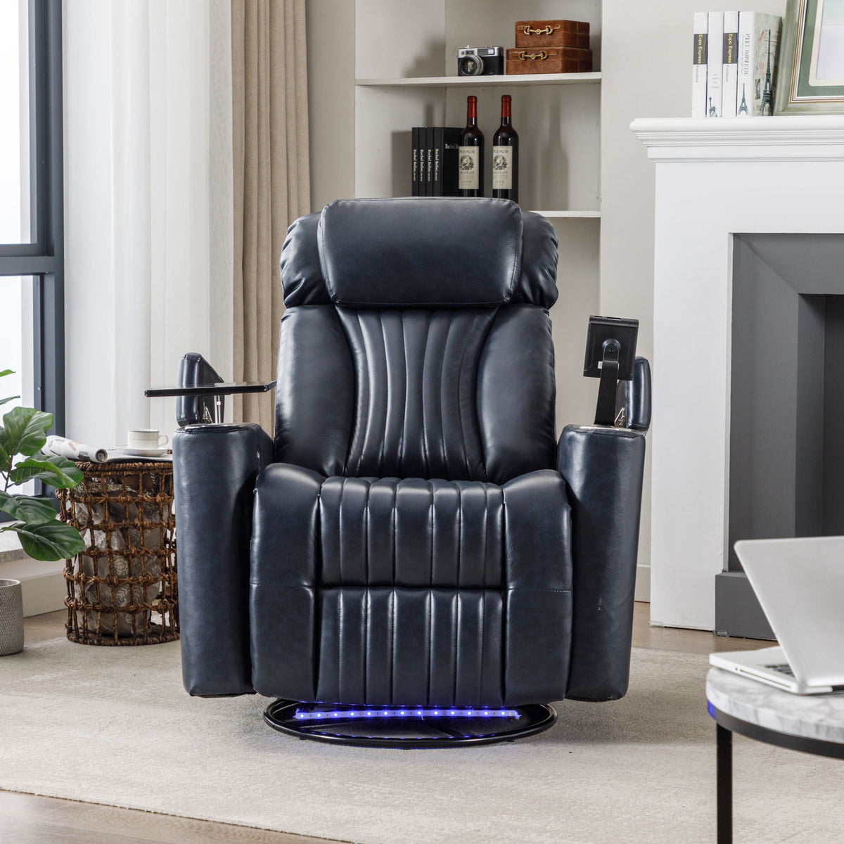 270° Power Swivel Recliner Home Theater Chair With Hidden Arm Storage, LED Light, Cup Holder, And Tray Table