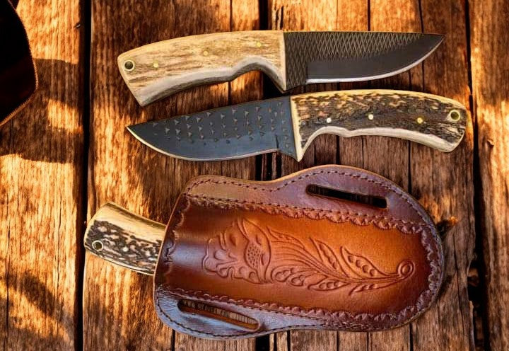 Ranch Cowboy Knives and Sheaths – 8" Black Powder Coated Rasp Steel Blade with Antler Horn Handle