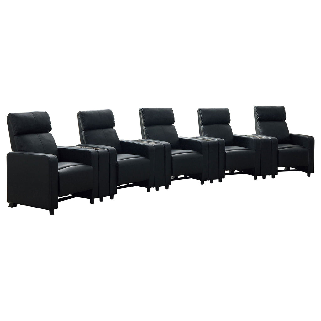 Warren - 5 Seater Home Theater With 4 Wedge Consoles Recliners And Storage Consoles - Black