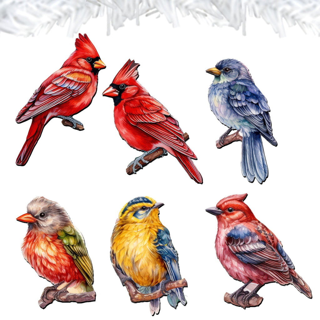 Winter Birds Clip-On Eco Wood Decorative Ornaments Set of 6 by G. Debrekht - Christmas Decor - 8090005C-S6