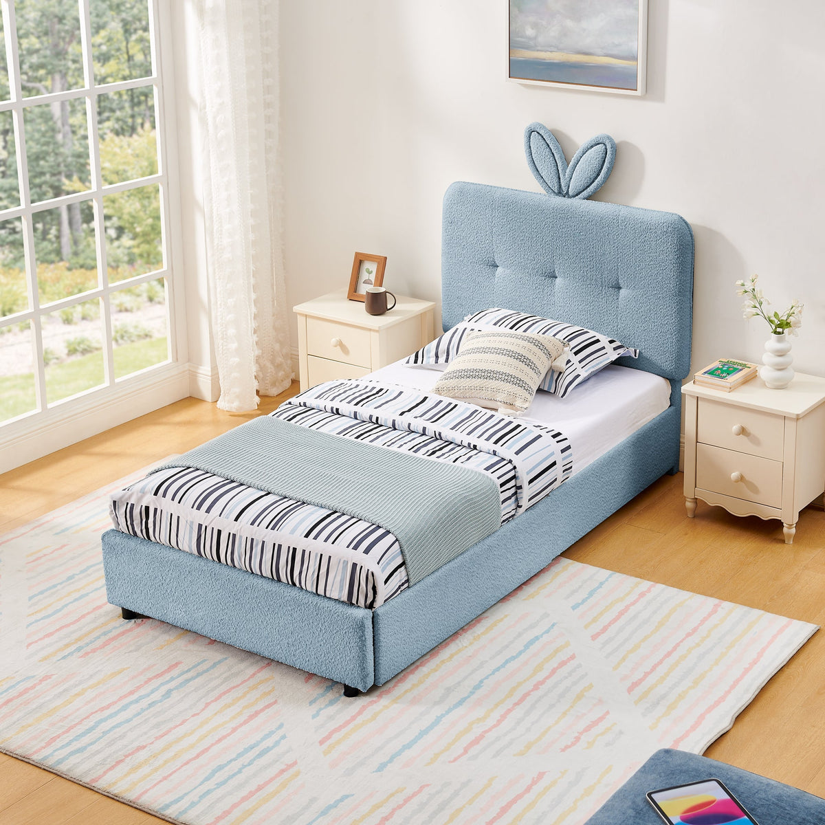 Twin Size Kids Upholstered Bed with Oversized Rabbit Ear Headboard