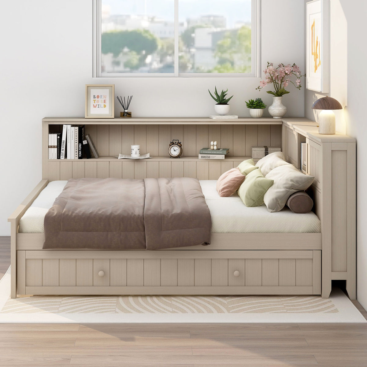 Full Size Daybed With Storage Shelves And Trundle - Ancient White