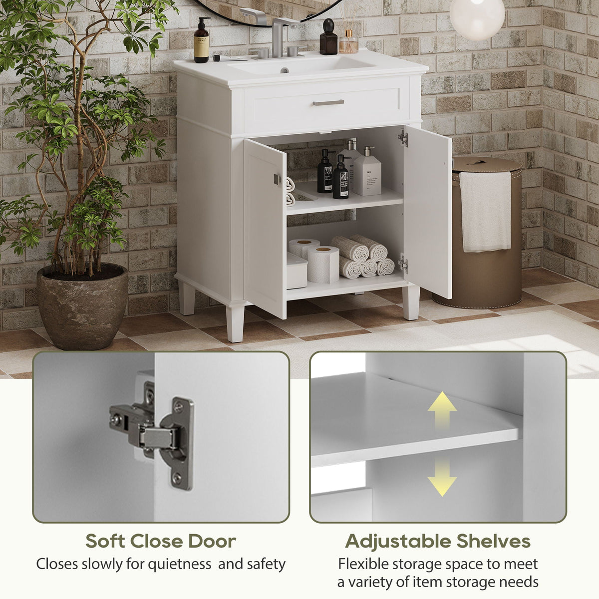 Bathroom Vanity With Ceramic Basin, Soft Close Door And Adjustable Shelves