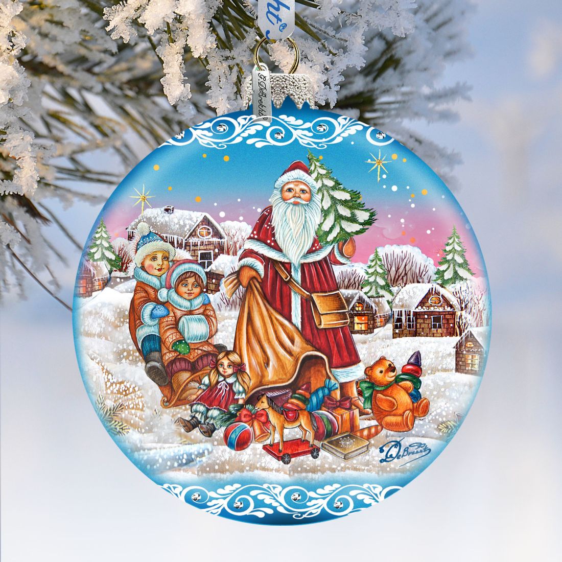 Santa Gift Giver Blue Ball Glass Ornament Limited Edition by G. DeBrekht - Christmas Santa Snowman Decor - 73874B