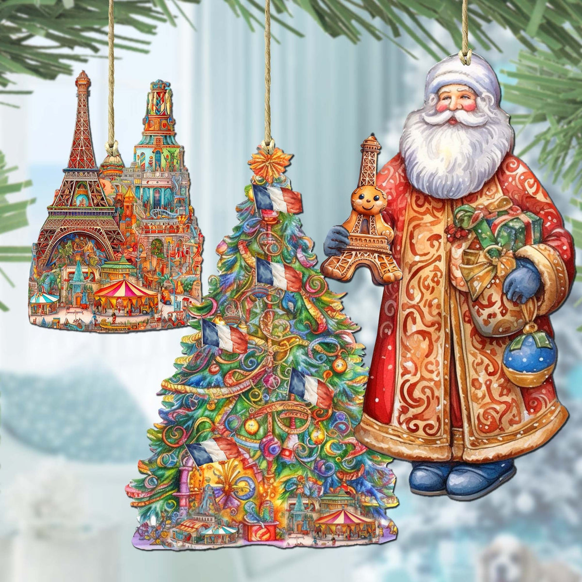 Santas Around the World - French Inspired Santa - Eco Wood Ornaments Set of 3 by G. DeBrekht Christmas Santa Snowman Decor - 8091303S3