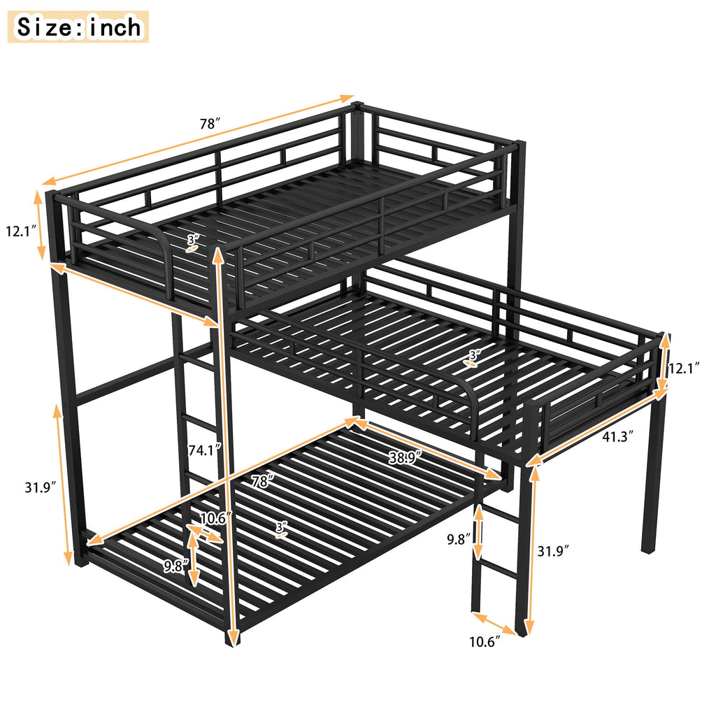 L-Shaped Triple Twin Size Bunk Bed, Industrial Design With Integrated Ladder And Full Length Guardrails - Black