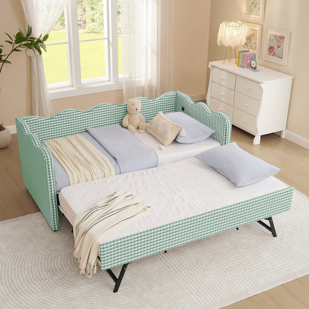 Cozy Gingham Daybed with Trundle Twin Size Sofa Bed No Box Spring Needed