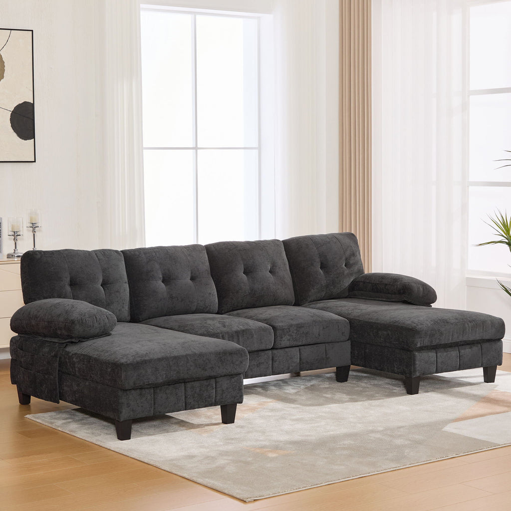 U-Shaped Sectional Sofa 103.5" Fabric Couch With Dual Chaise Lounges, Storage Pockets, Armrest Pillows