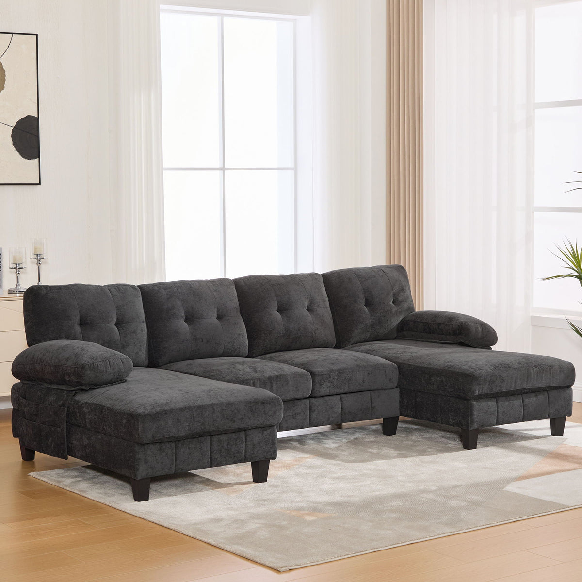 U-Shaped Sectional Sofa 103.5" Fabric Couch With Dual Chaise Lounges, Storage Pockets, Armrest Pillows