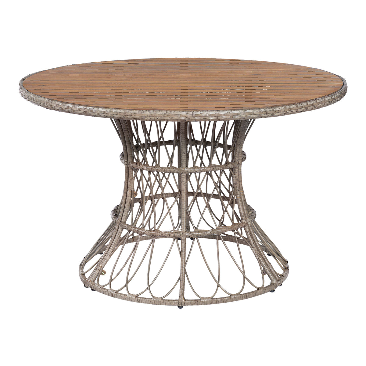 5-Piece Outdoor Dining Set: Brown Round Acacia Wood Table & 4 Brown Wicker Armchairs