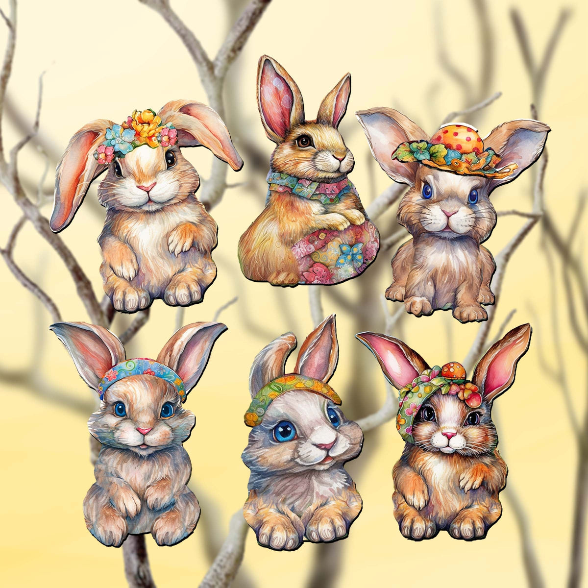 Easter Bunnies Clip-On Eco Wood Decorative Ornaments Set of 6 by G. Debrekht - Easter Decor - 8090042C-S6