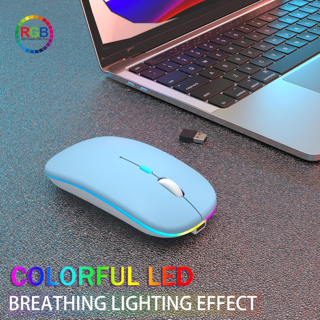 Wireless Bluetooth Mouse, Rechargeable, Dual Mode Bluetooth 5.2 & 2.4G USB, LED Lights, Slim, Silent, Portable Computer Mouse for Laptop, PC, Macbook, Ipad, Tablet (Blue)
