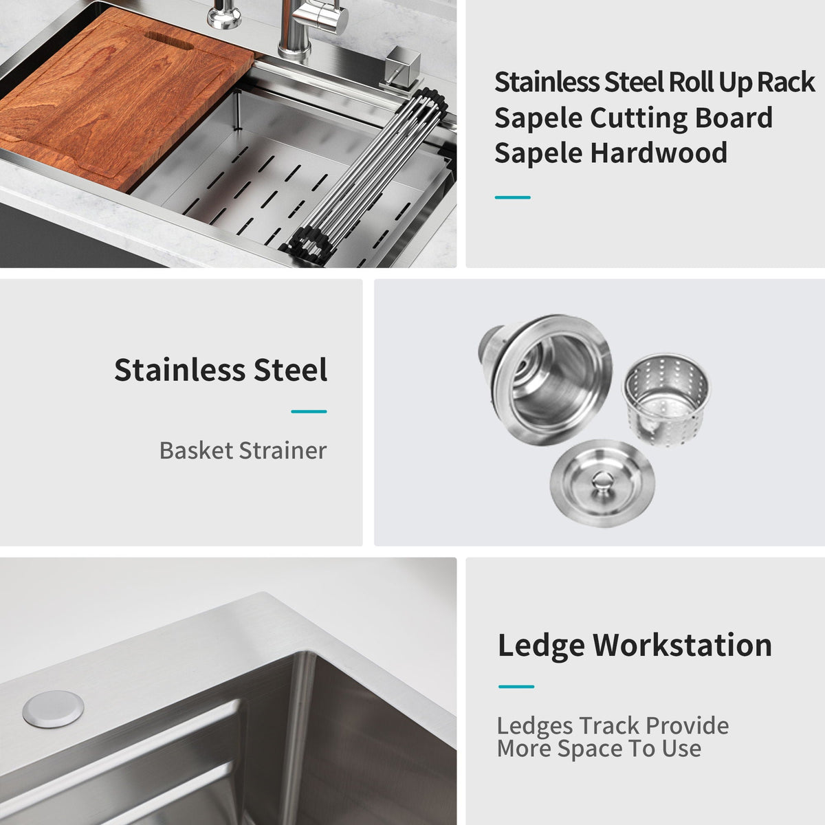 33" Drop In Kitchen Sink Single Bowl 16 Gauge Stainless Steel Ledge Workstation - Black
