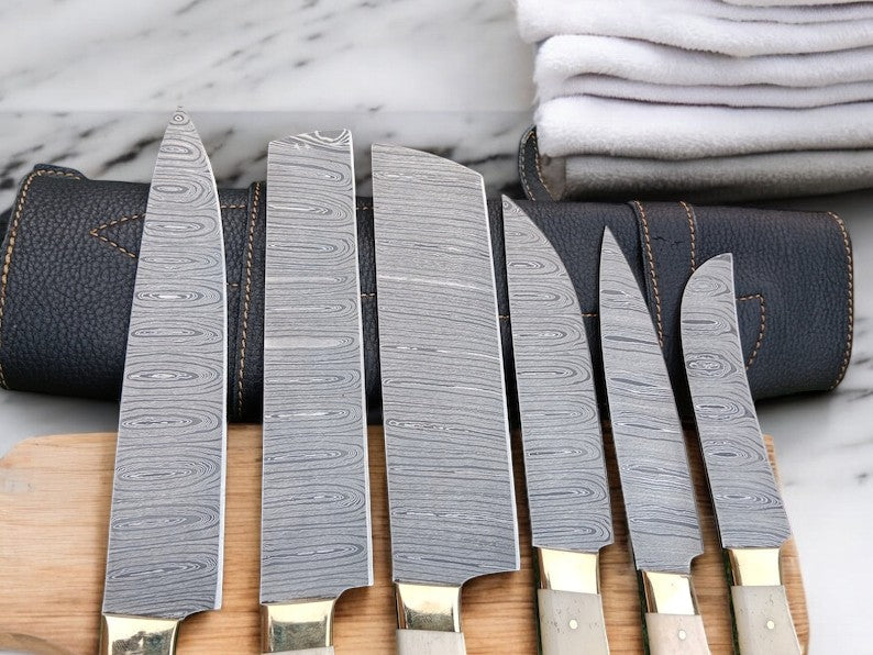 Custom Handmade Damascus Chef Knife Set with Bone Handles