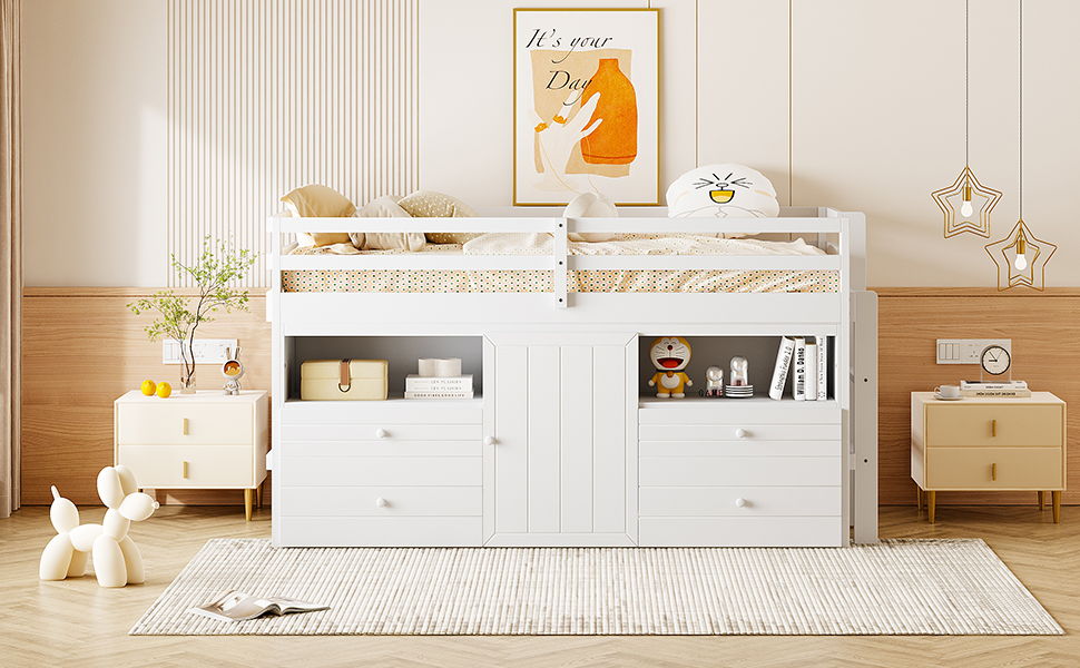 Loft Bed With 4 Drawers, Underneath Cabinet And Shelves