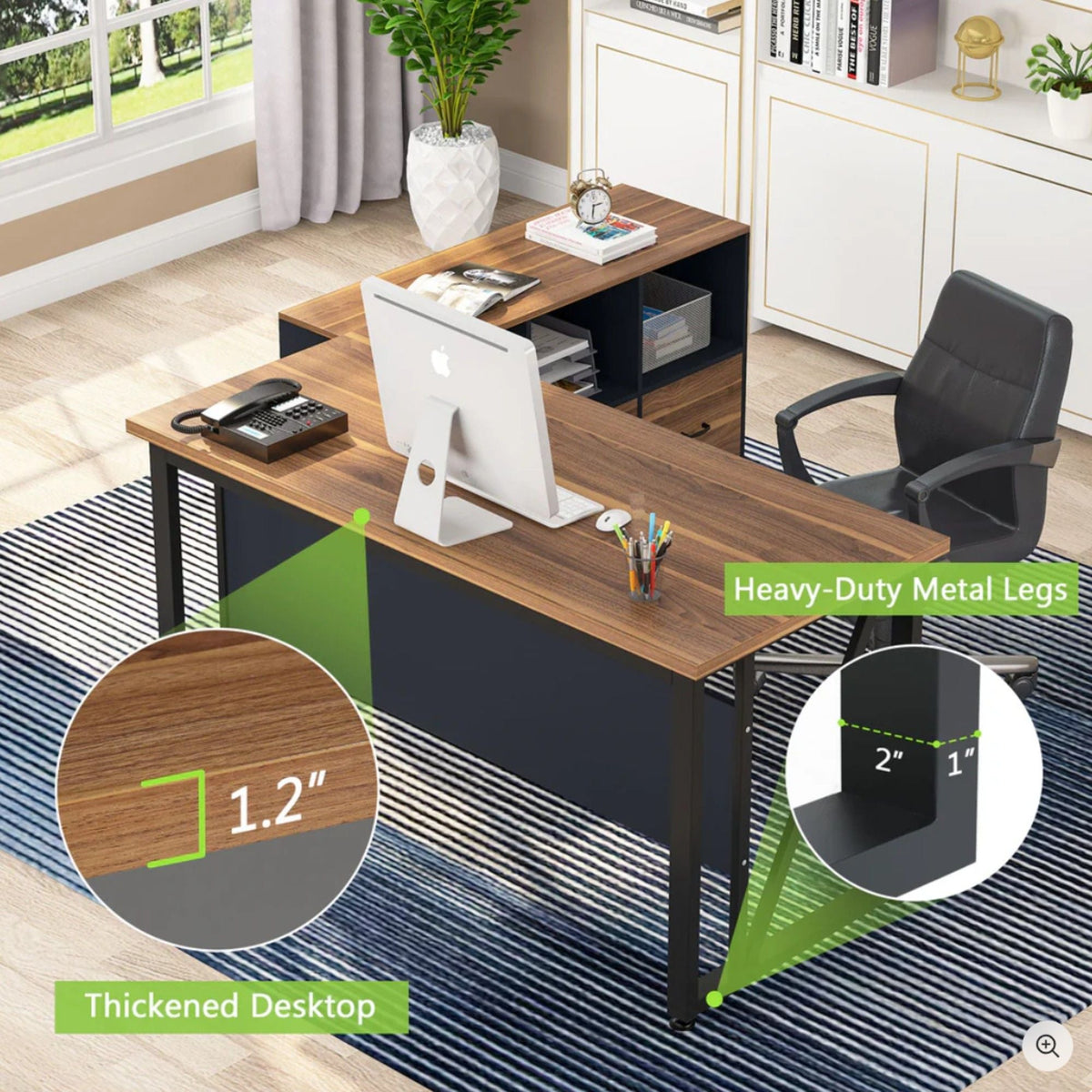 L-Shaped Executive Desk With Mobile File Cabinet, Large Home Office Workstation With Drawers And Shelves - Brown / Black