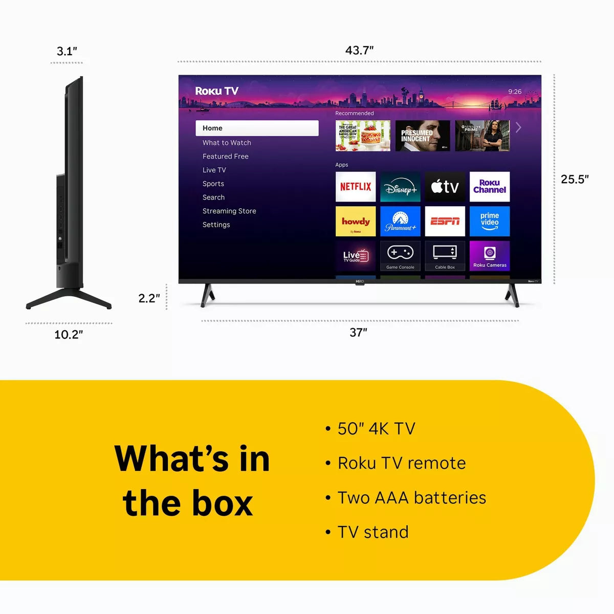 Hiro 4K HDR Smart TV Flat Screen LED Television with Roku TV and Dolby Audio Streaming
