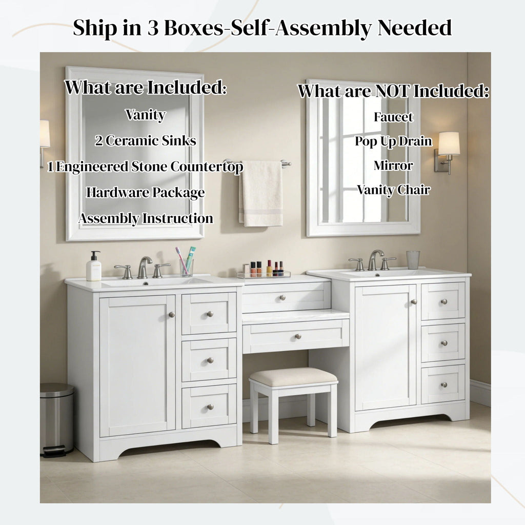 Double Sink Bathroom Vanity With Countertop, 2 Ceramic Sinks, 6 Drawers