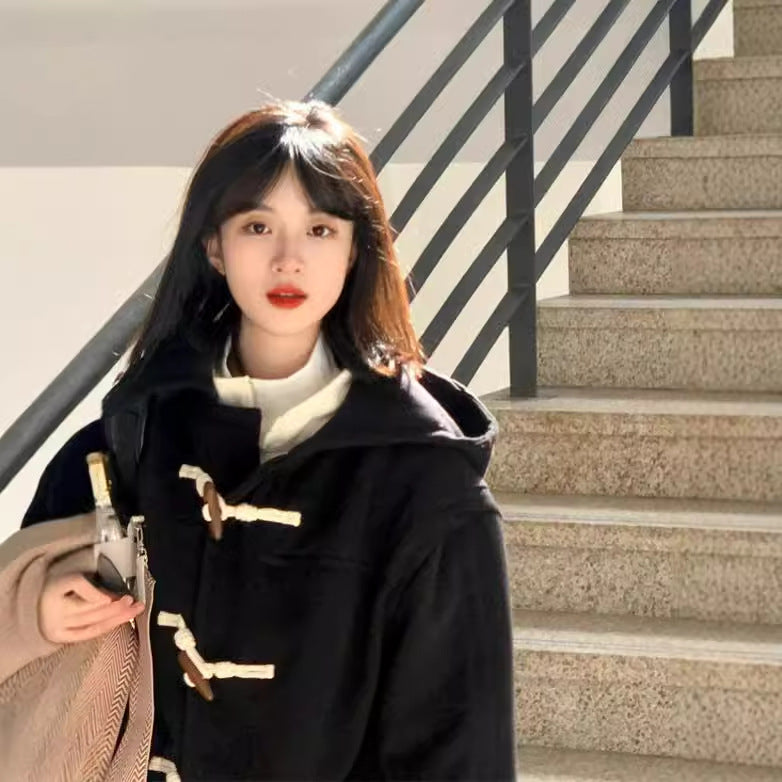 Long Black Toggle Button Wool Coat Women's Woolen Coat