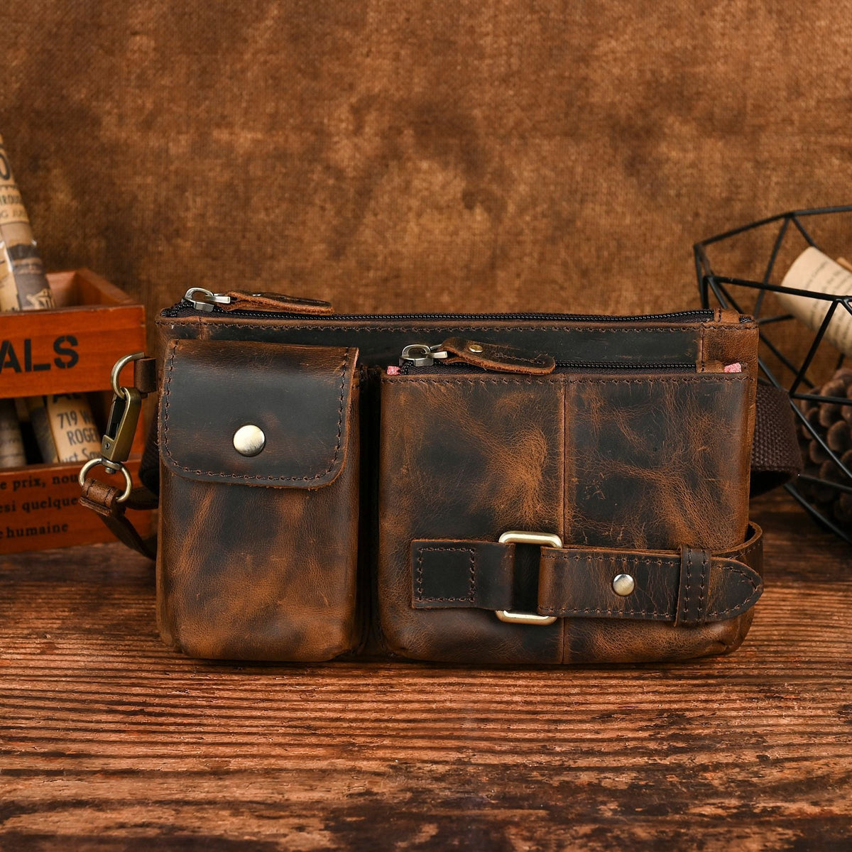 Vegetable Tanned Leather Cowhide Men's Trendy Cool Travel Chest Bag Waist