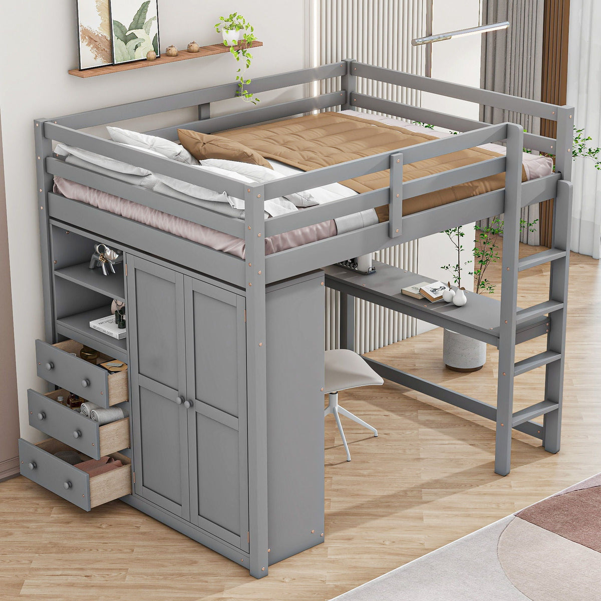 Loft Bed With Built In Wardrobe, Shelves And Drawers