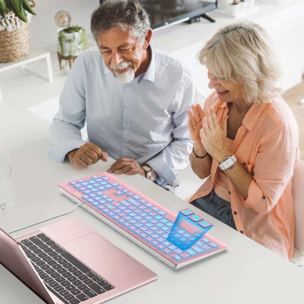 Large Print Backlit Keyboard - Wired USB Lighted Computer Keyboard for Laptops,Pink
