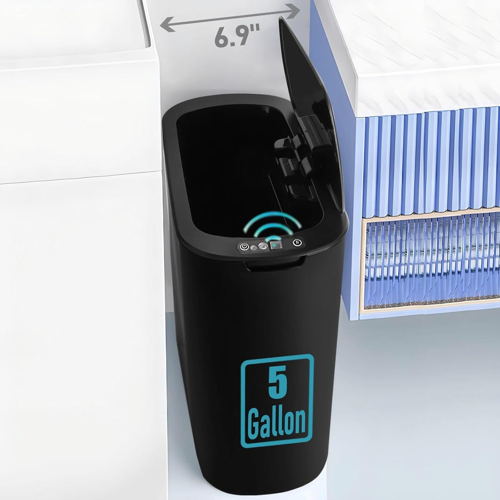 TIPGO 5 Gallon Motion Senor Bathroom Trash Can with Lid, Automatic Garbage Can Touchless, Smart Plastic Waste Basket for Narrow Spaces, Bathroom, Office, Bedroom, Living Room (Black)