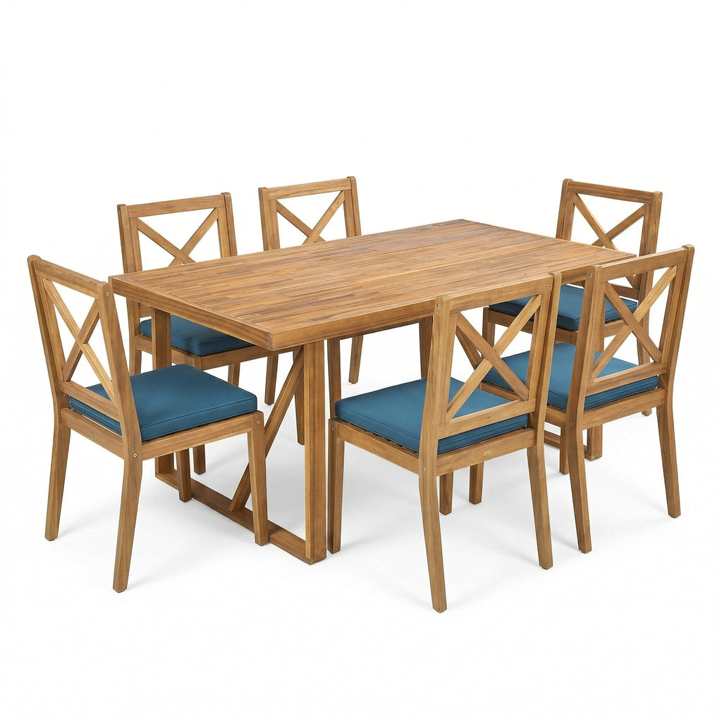 7 Pieces Acacia Wood Outdoor Dining Set with Blue Cushions