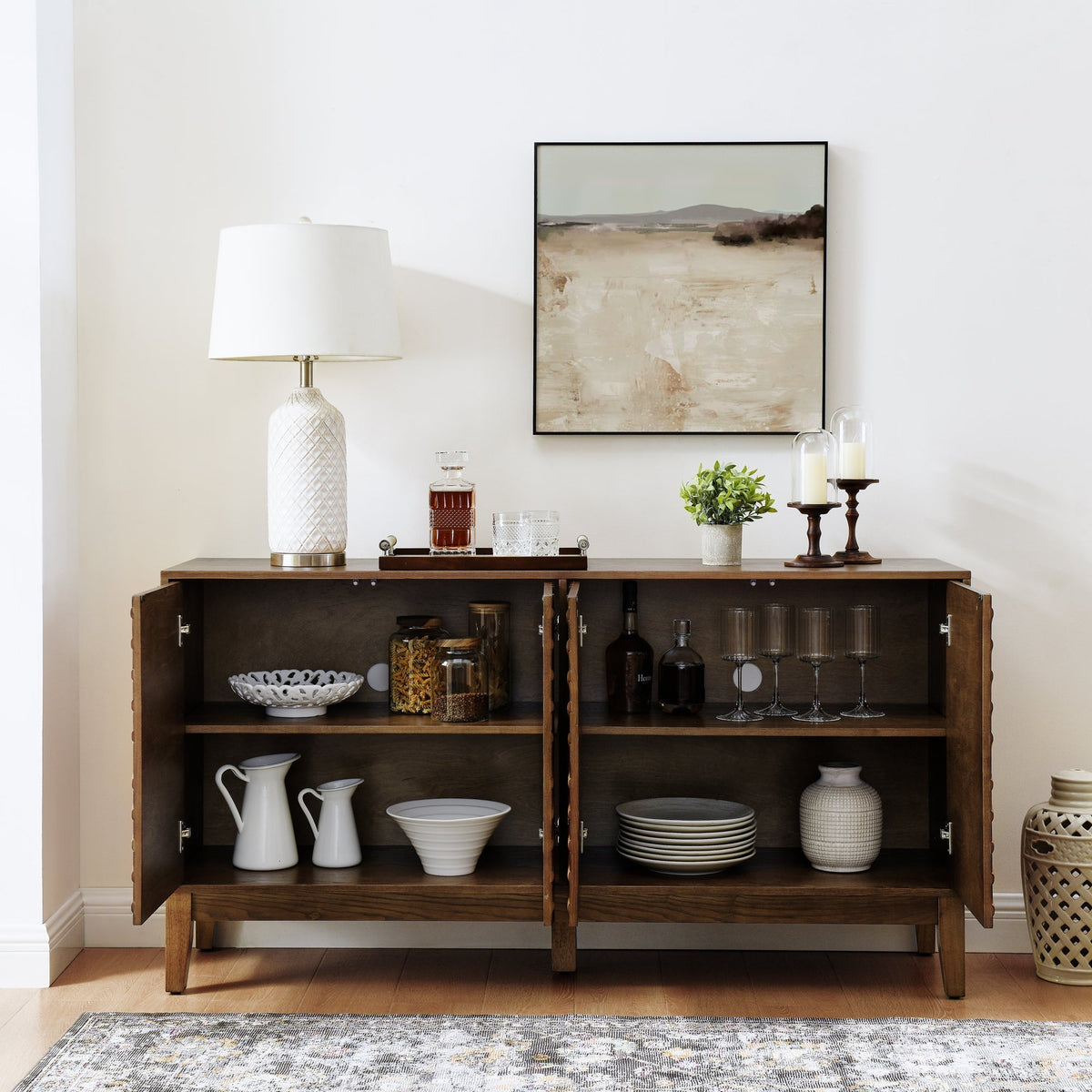 Diamond Fluted Sideboard Storage Cabinet with Adjustable Shelves