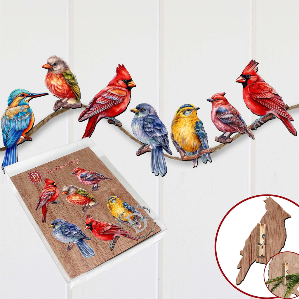 Winter Birds Clip-On Eco Wood Decorative Ornaments Set of 6 by G. Debrekht - Christmas Decor - 8090005C-S6