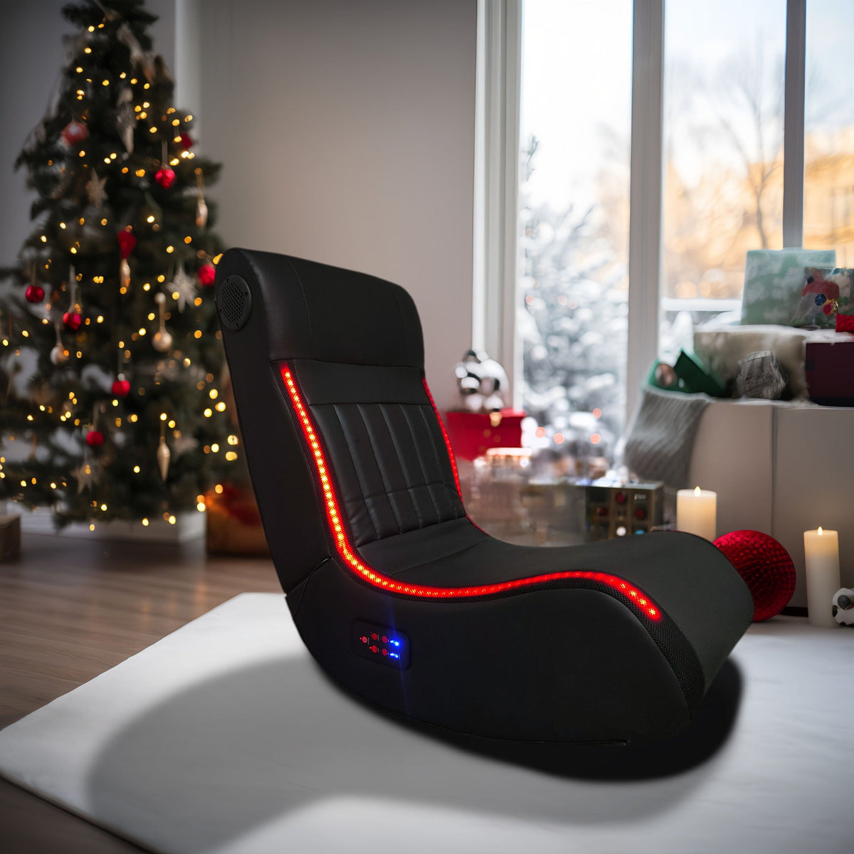 Foldable Gaming Chair With Onboard Speakers, LED Strip Lighting, Bluetooth, Vibration Massage, USB Charging Port - Black