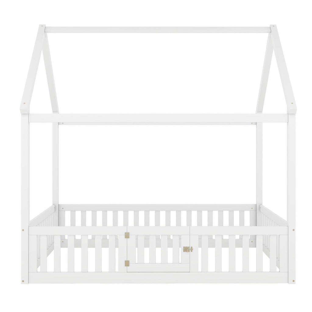 Wood House Bed With Fence And Door