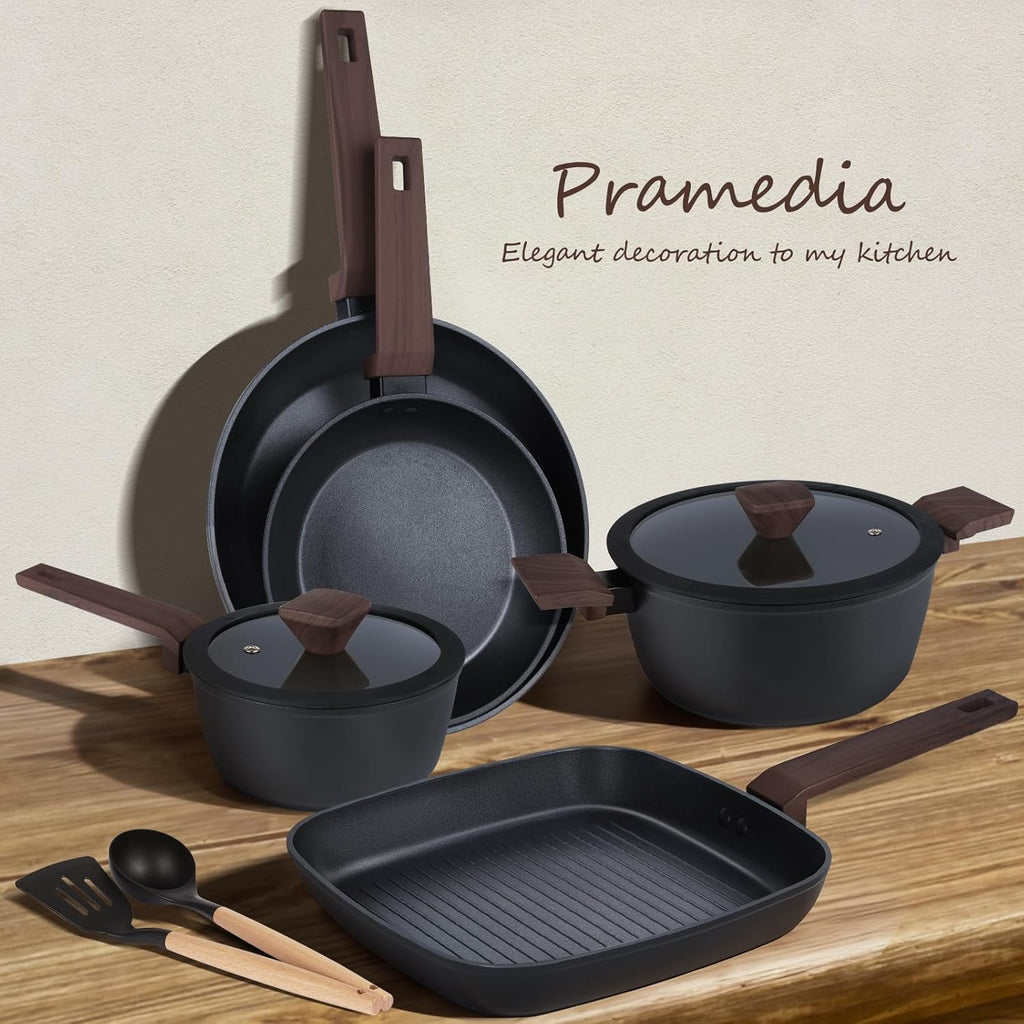 9Pcs Pots and Pans Set Nonstick,Induction Cookware Set Kitchen Cooking Sets,Healthy Non-Toxic Pots and Pan Set,Non Stick with Grill Pan& Stay-Cool Handles (PFOS, PFOA Free),Black