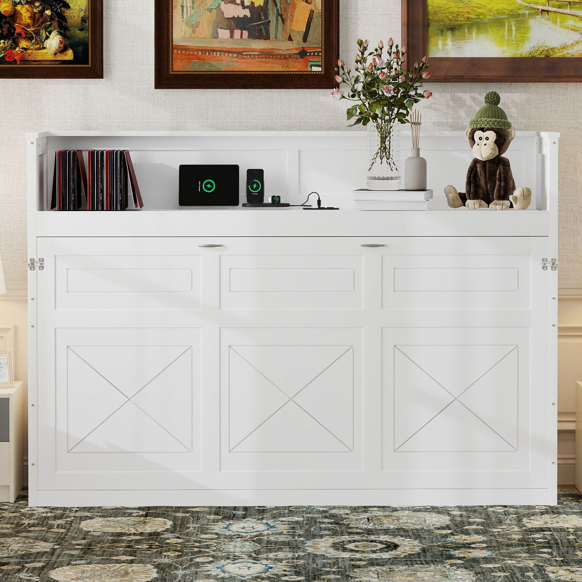 Murphy Bed With Desk, LED Light And USB Charging Station