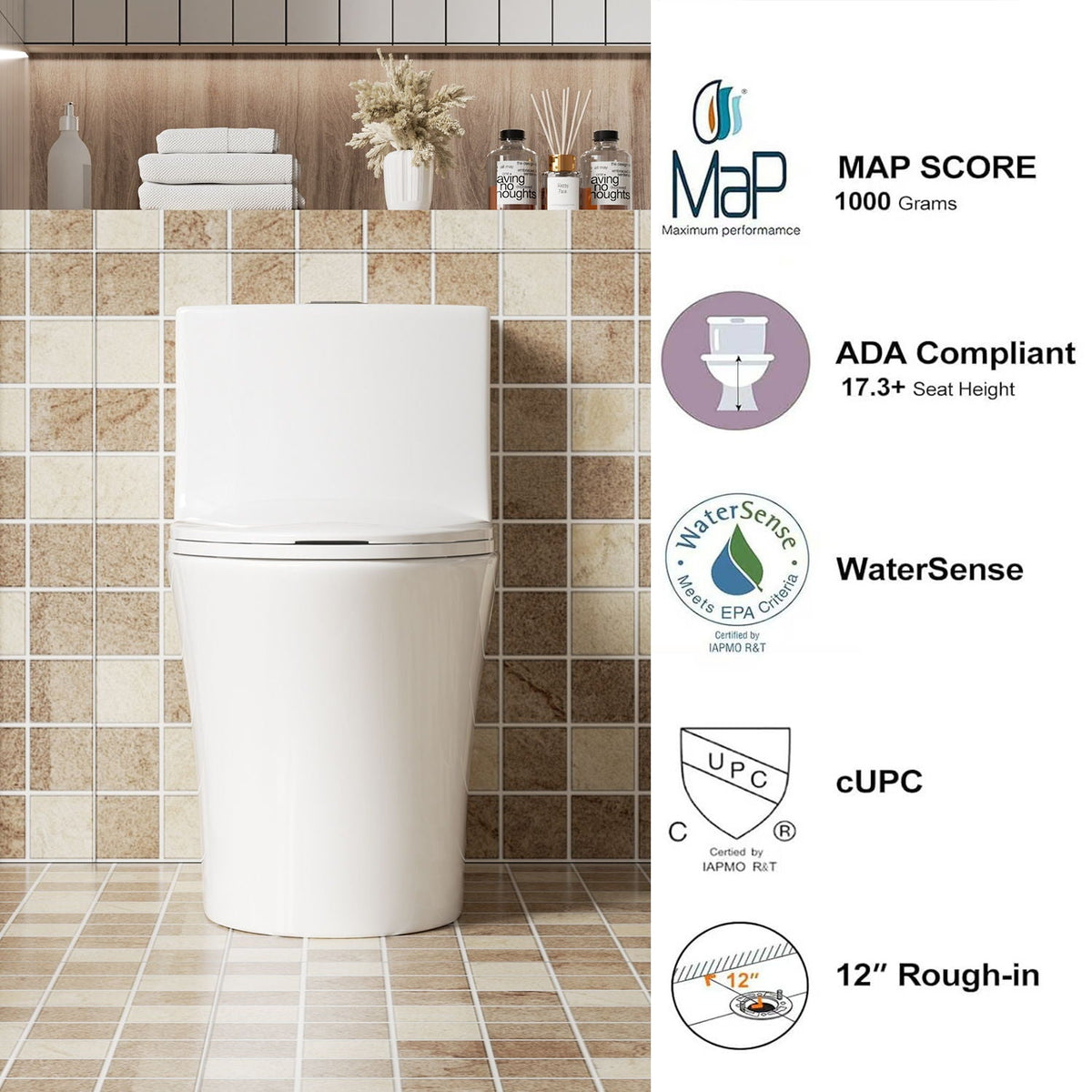 Elegant One Piece Toilet With Tornado Dual Flush, Siphonic S Trap 12", Soft Close Seat, Dual Flush, Ada Height, Glossy - Gloss White