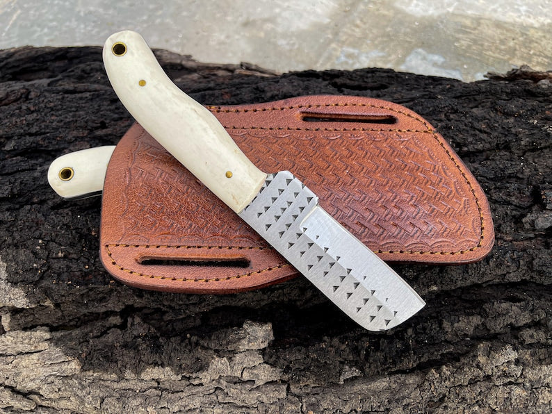 Bull Cutter Knife For Sale, 8.25-Inch Knife with Rasp Tool Steel Full Tang Blade, Bone Handle, and Leather Sheath
