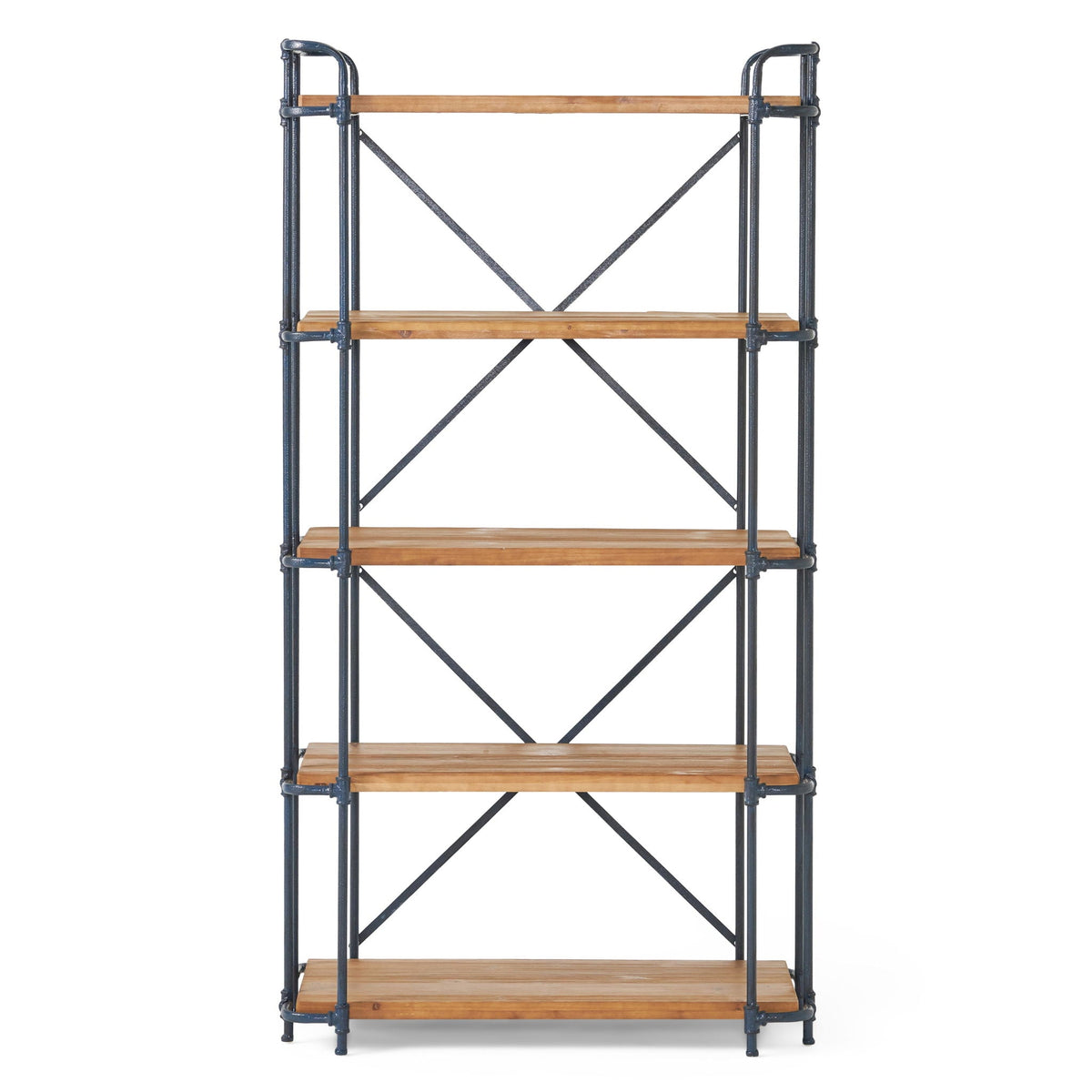Yorktown Industrial 5 Shelf Bookcase with Metal Pipework and Solid Fir - Natural