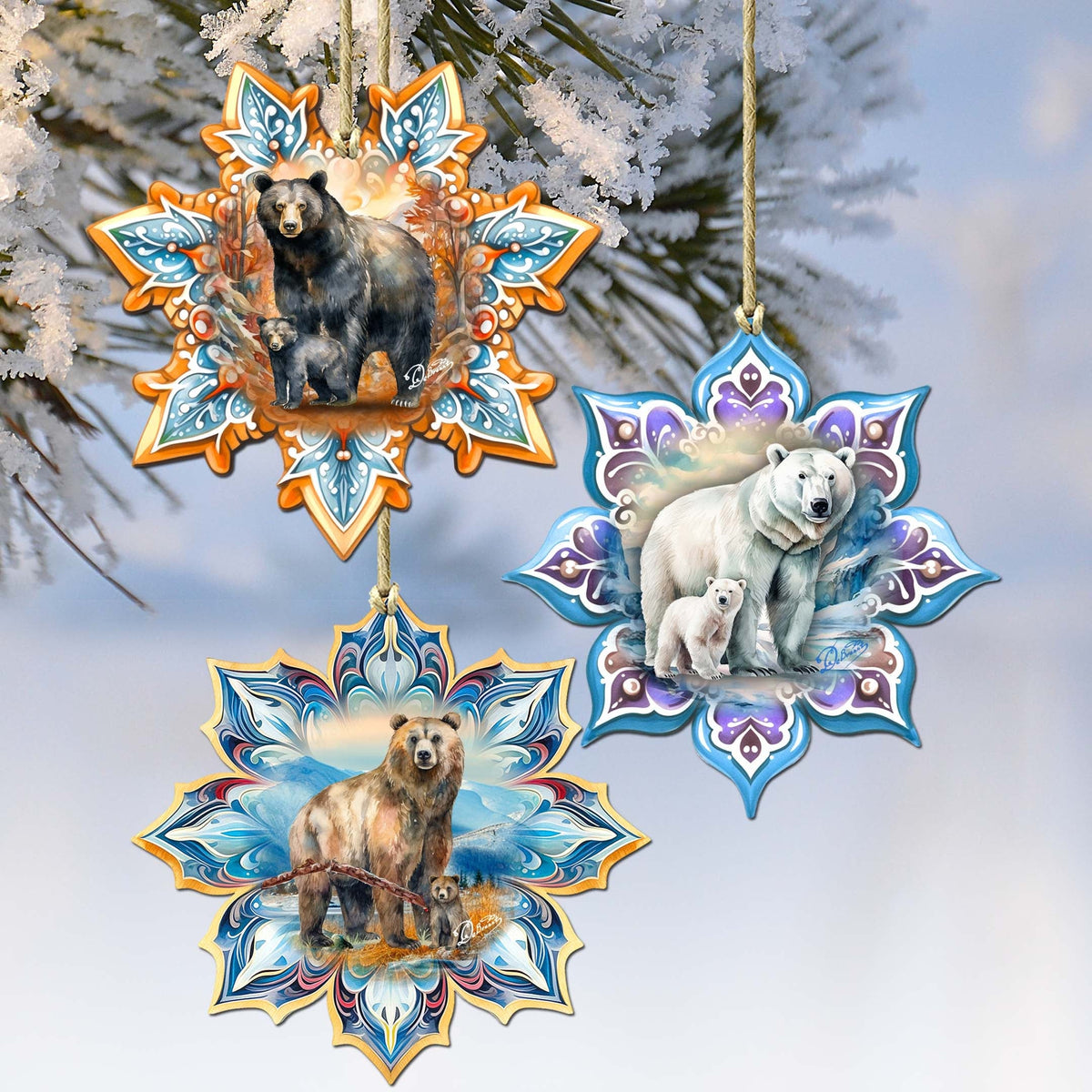 Bears Snowflake Eco Wood Ornaments Set of 3 by G. Debrekht - Nature Wildlife Decor - 8090143-S3